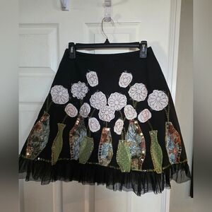 BASIL & MAUDE Anthropologie Floral Vase Beaded Embroudered Tulle Hem Skirt 2